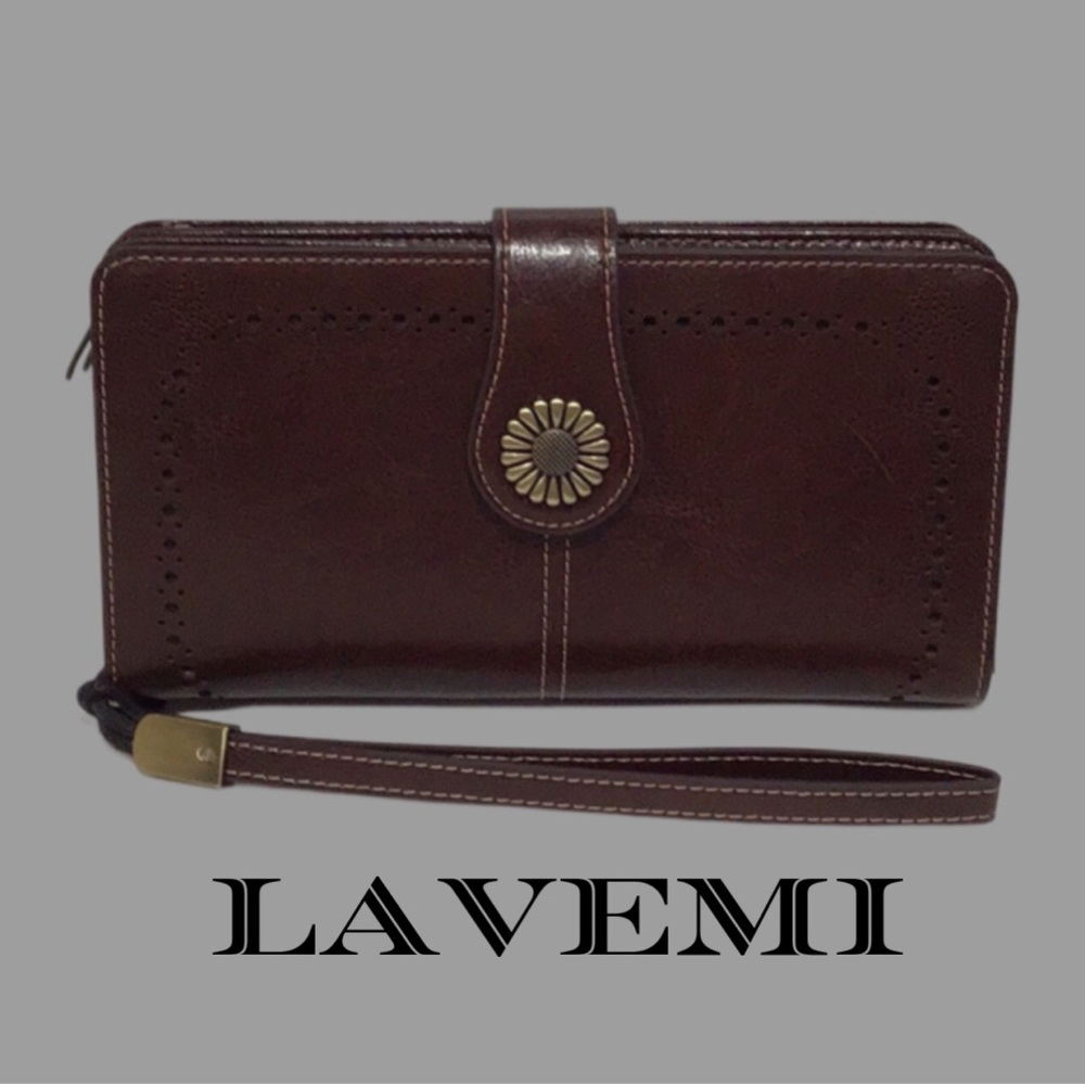 NIB LAVEMI Brown Leather Long Wallet with RFID Blocking & Cut-Out Design